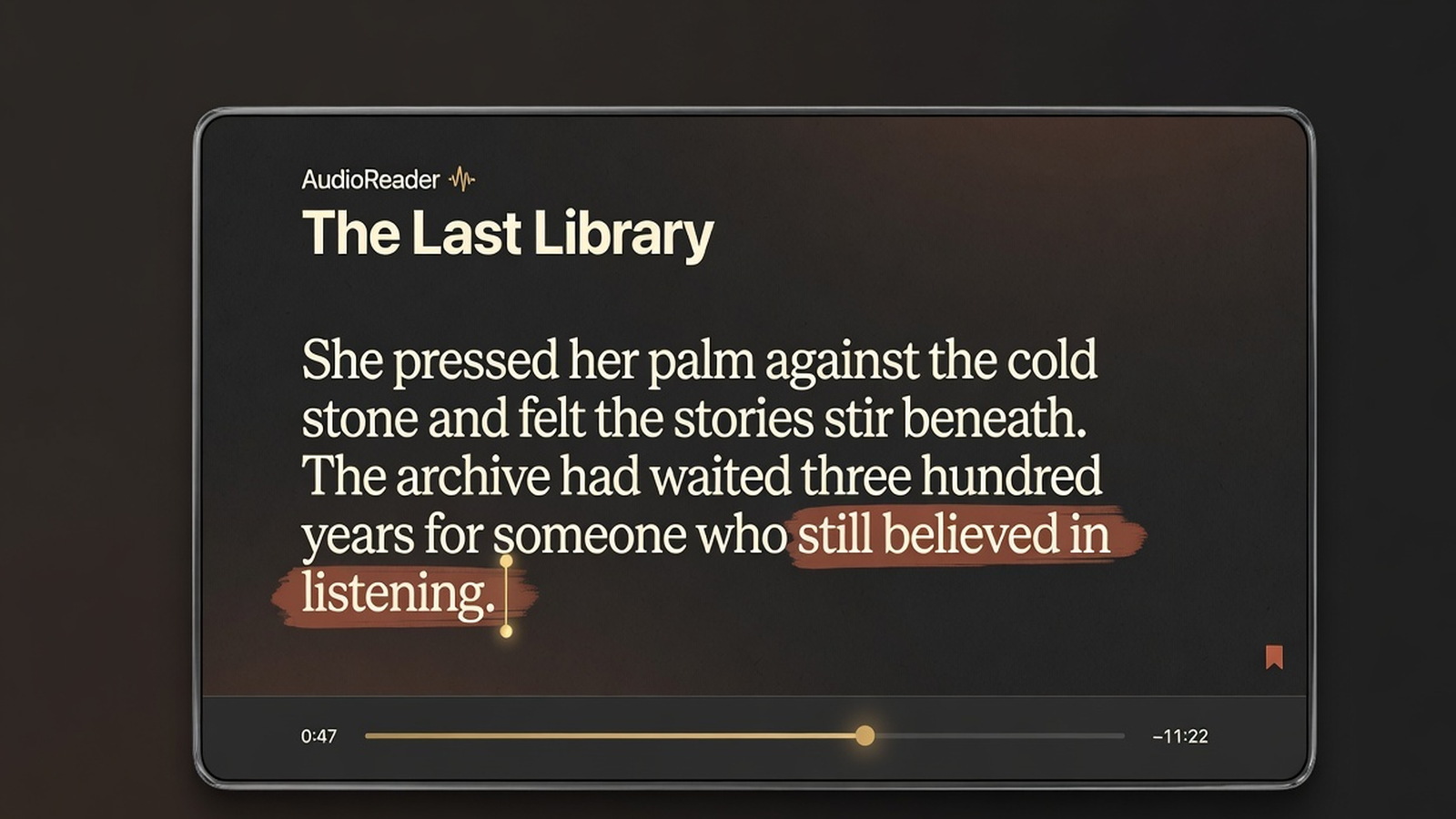 Audiobook chapter text with the spoken phrase highlighted during playback.